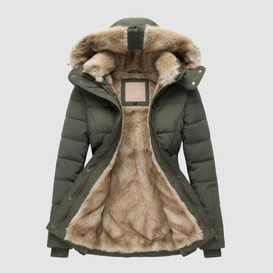 Women's lightweight padded nylon hooded jacket in sleek silhouette, cozy winter coat for urban wear