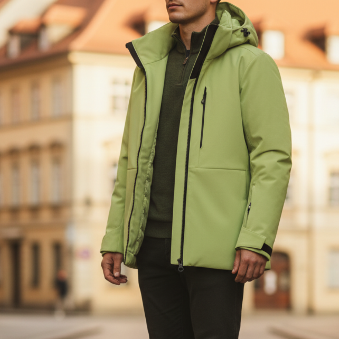 Men's yellow waterproof jacket adjustable hood all-weather durable polyester modern slim fit
