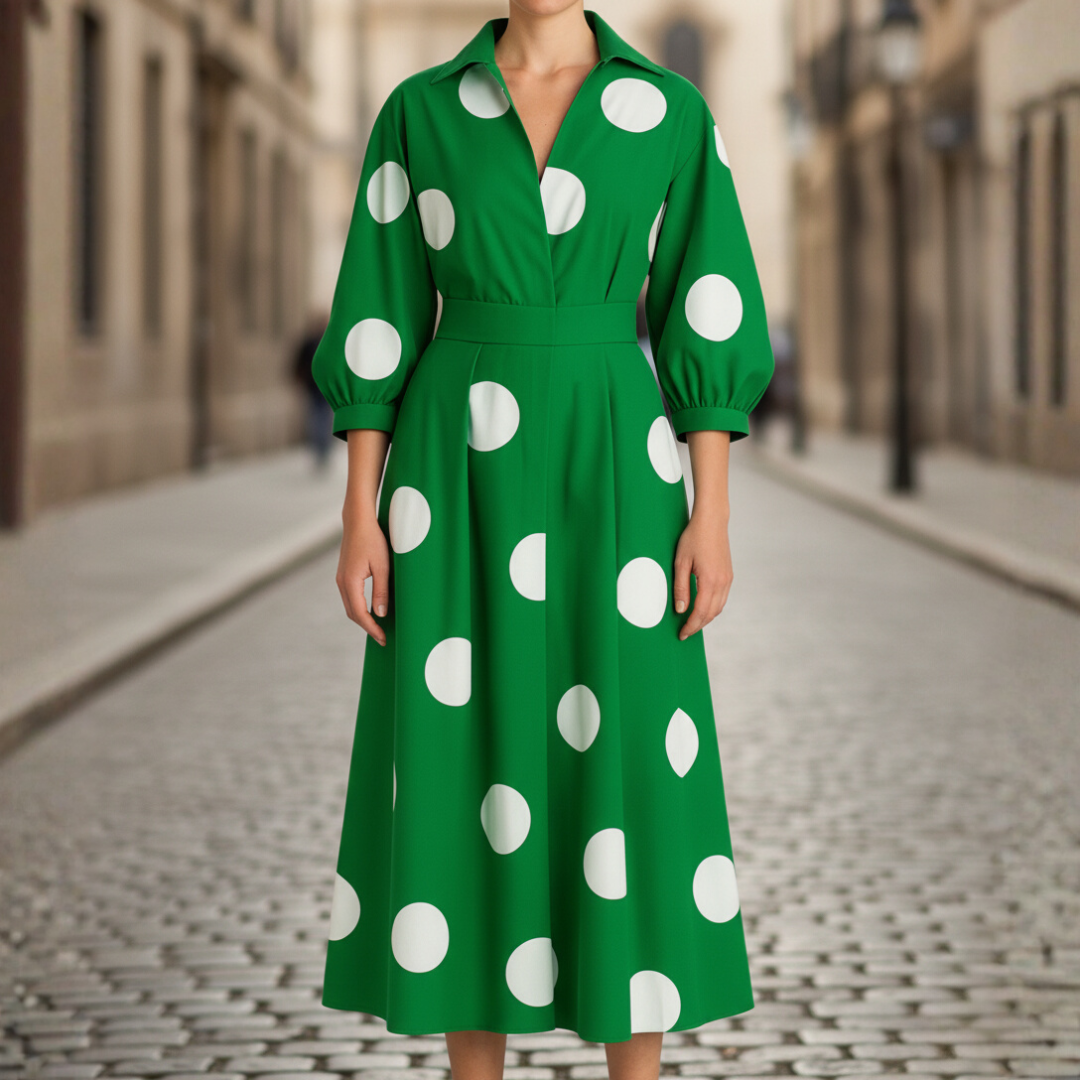 Women's collared long-sleeve dress in elegant relaxed silhouette with classic refined collar for formal everyday wear