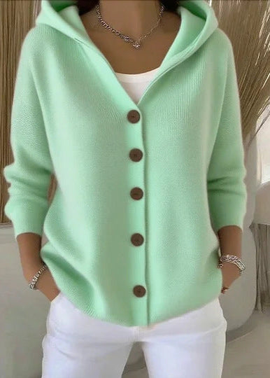 Women's hooded knit cardigan beige minimalist silhouette with contrast wooden button front