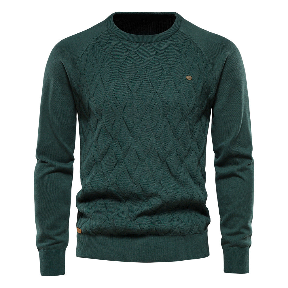 Men's cream diamond knit crew neck sweater regular fit with subtle textured pattern
