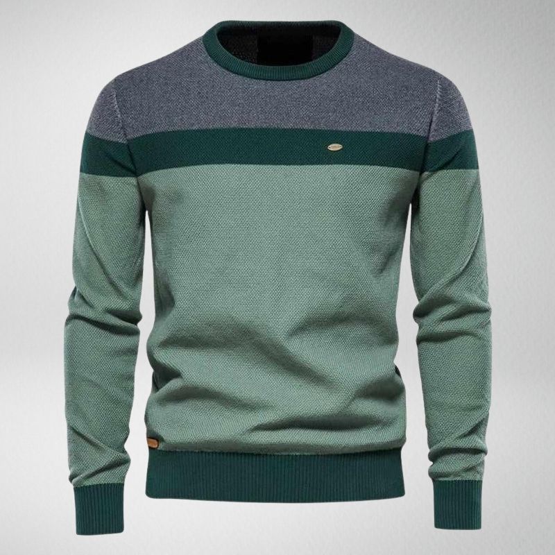 Men's colorblock crew neck knit sweater in bold contrast panels, smart casual premium fine knit