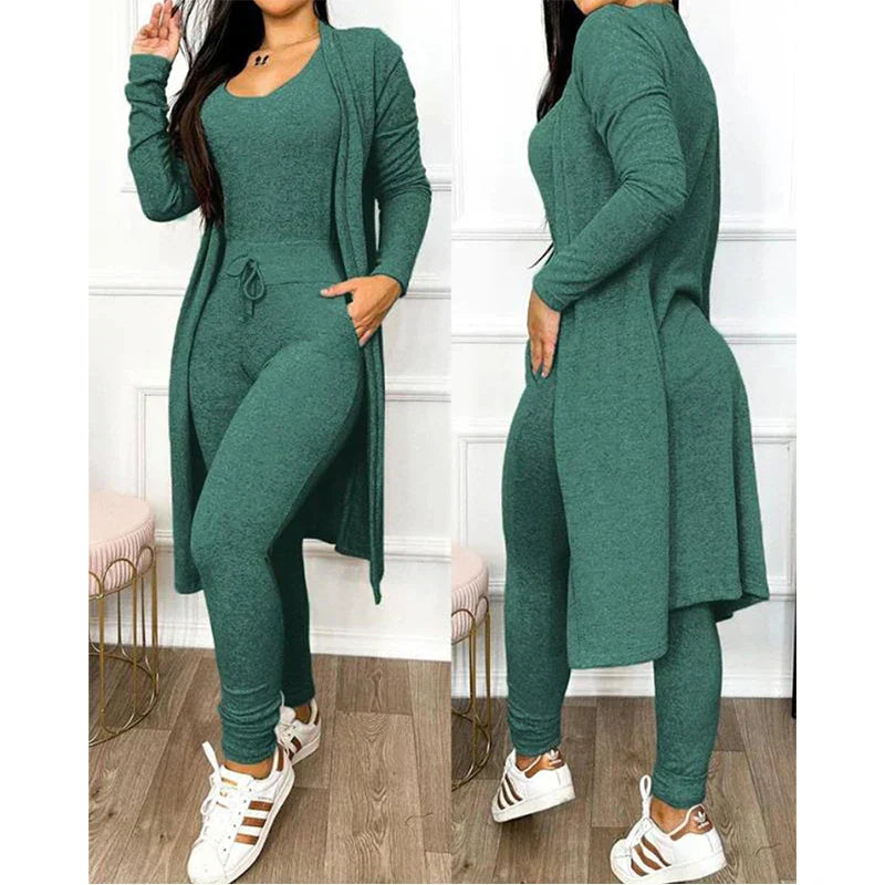Women's two-piece jumpsuit set with matching jacket, sleeveless slim-fit legging style in chic spring look