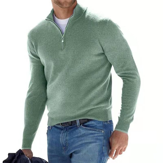 Men's casual half-zip knit sweater with adjustable neckline, long sleeves, versatile layering style