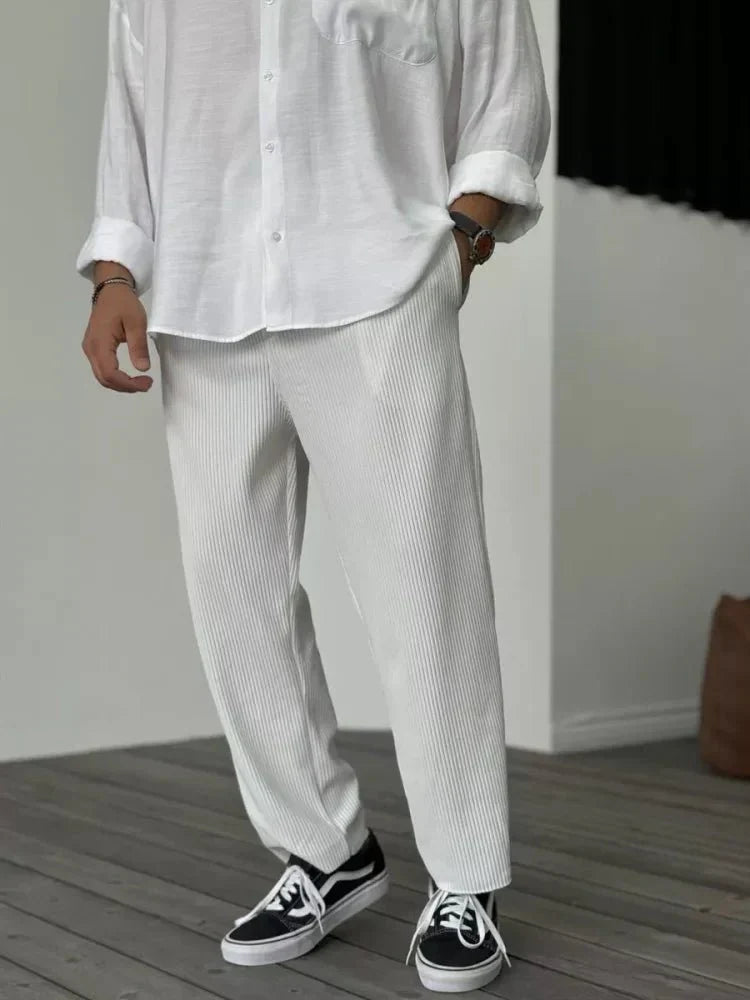 Men's ribbed straight-fit trousers with elastic waistband, casual everyday style subtle texture