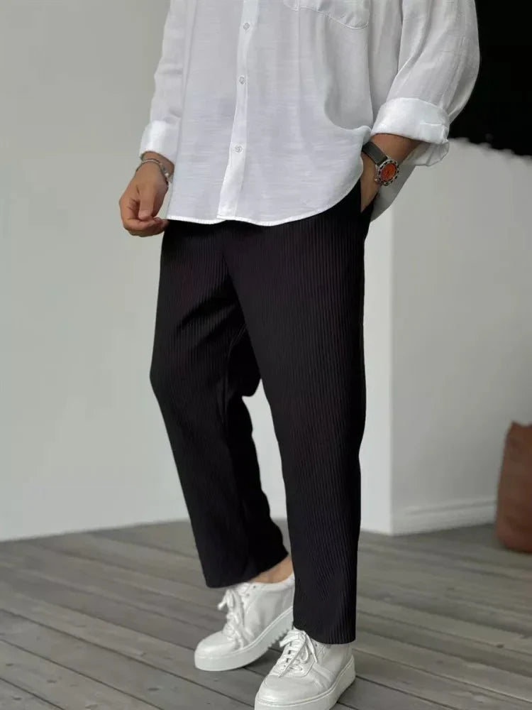 Men's ribbed straight-fit trousers with elastic waistband, casual everyday style versatile comfort