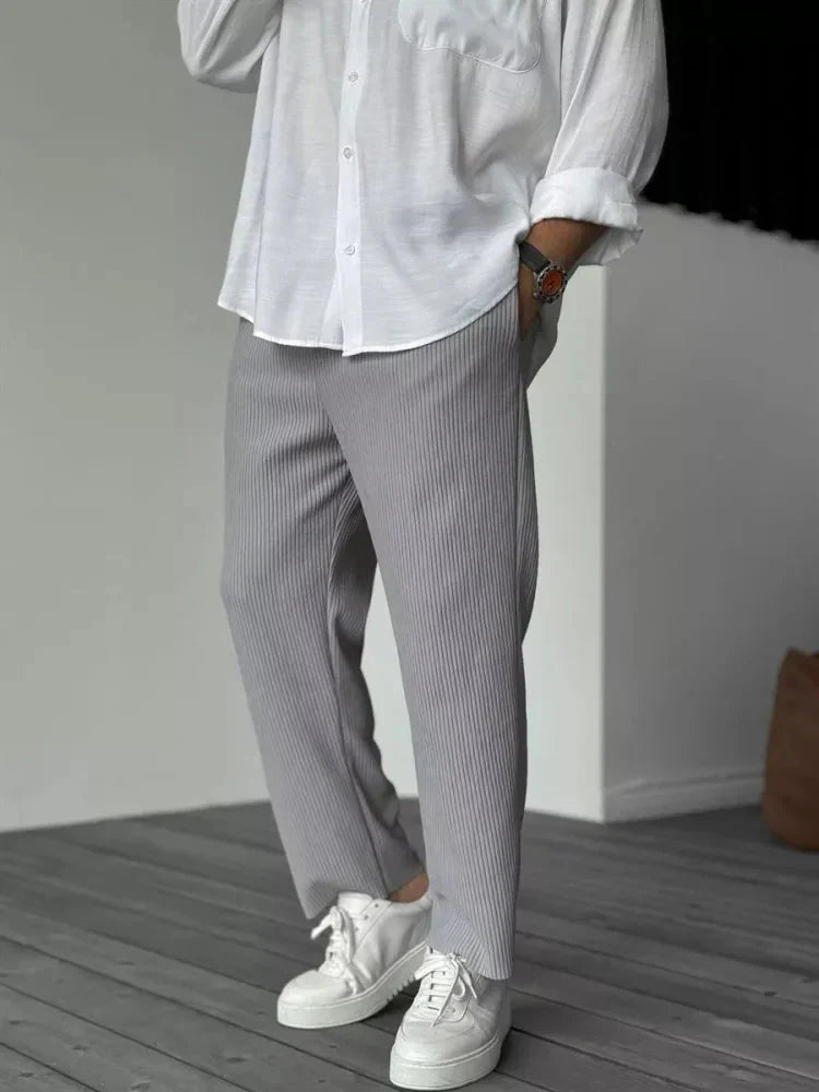 Men's ribbed straight-fit trousers with elastic waistband, subtle texture for casual everyday wear