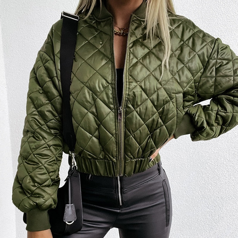 Women's cropped quilted bomber jacket zip-up with diamond stitch texture in modern streetwear style