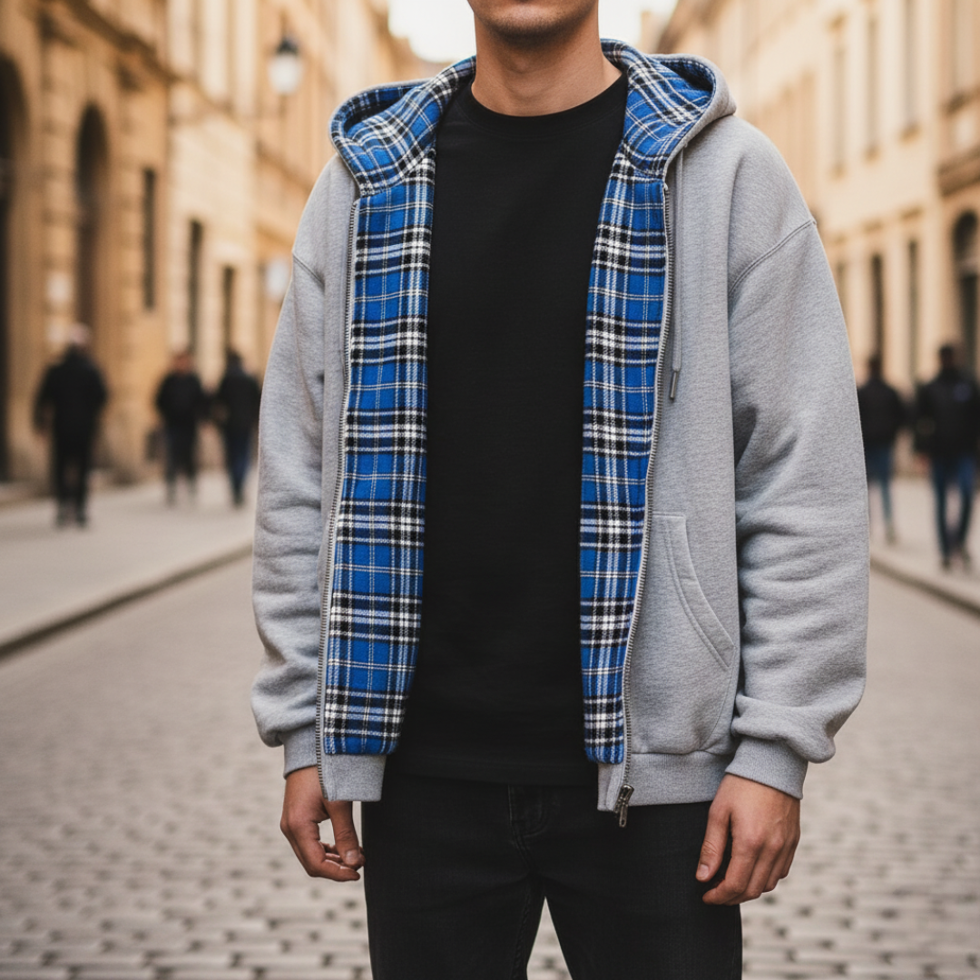 Black gray unisex zip-up hoodie with flannel lining and adjustable hood for cozy casual wear