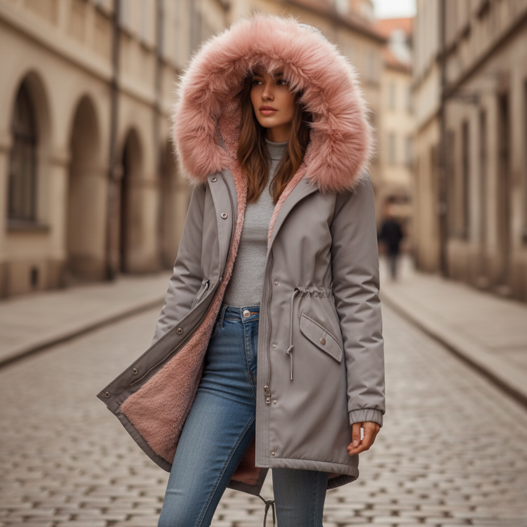 Women's hooded winter parka with faux fur trim, warm synthetic insulation, cold weather coat