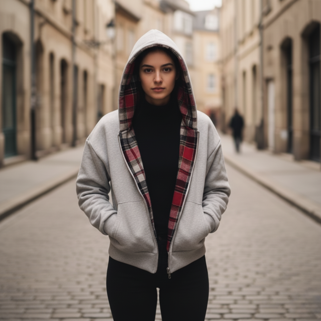 Black gray unisex flannel-lined zip-up hoodie with adjustable hood for cozy casual wear