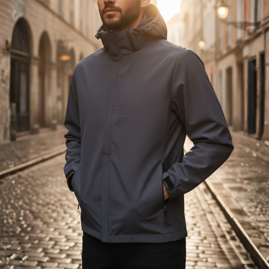 Men's lightweight waterproof hiking jacket, adjustable hood, zippered pockets, breathable polyester