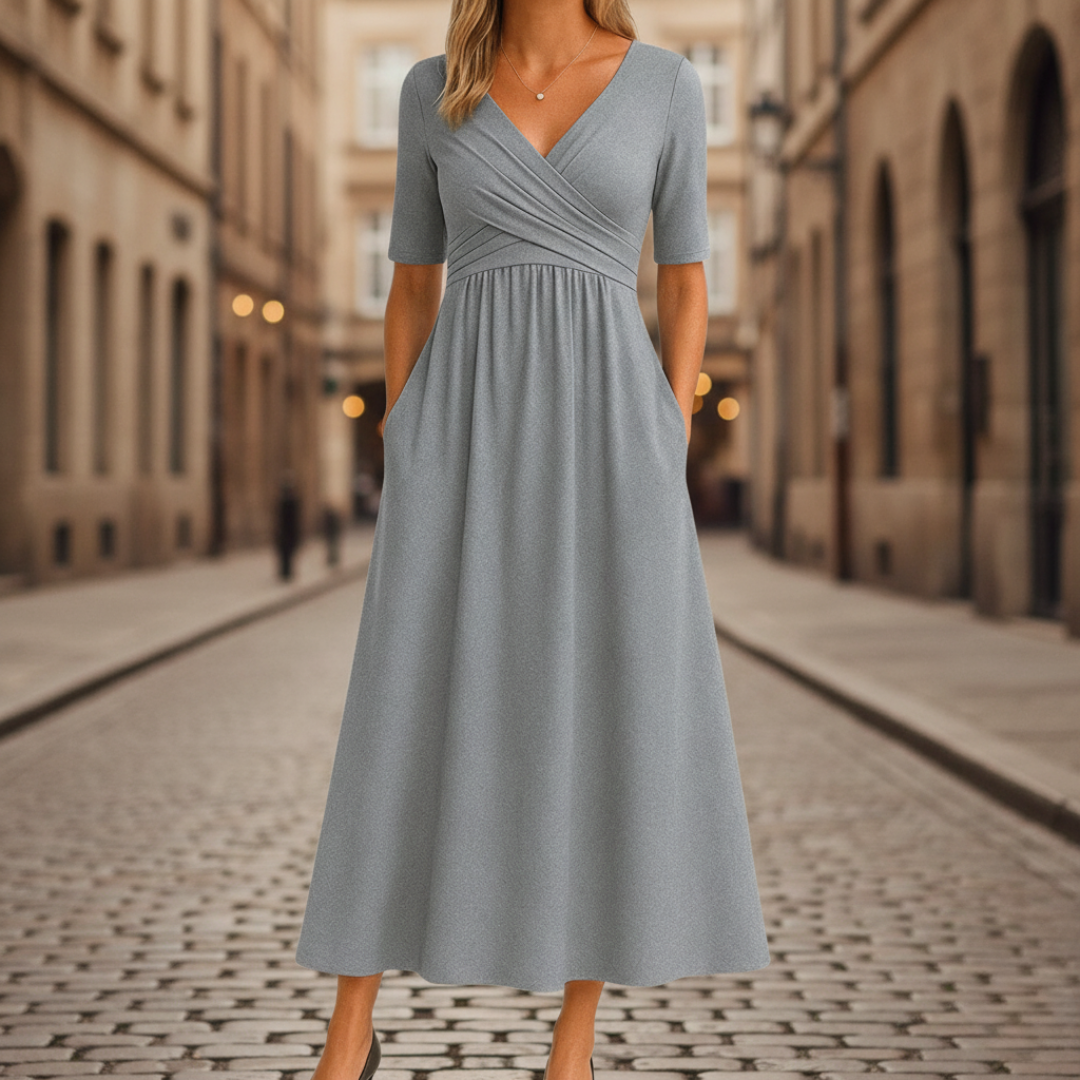 Women black pleated midi dress with crossed V-neck, flared silhouette, and side pockets