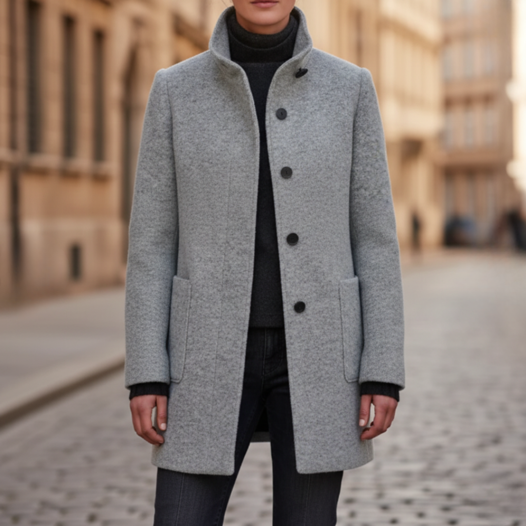 Women's hooded winter jacket in elegant everyday city style with built-in windproof hood for warmth