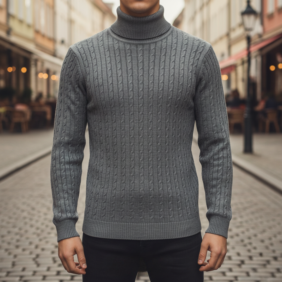 Men's cable knit turtleneck sweater slim fitted polyester blend cold weather essential