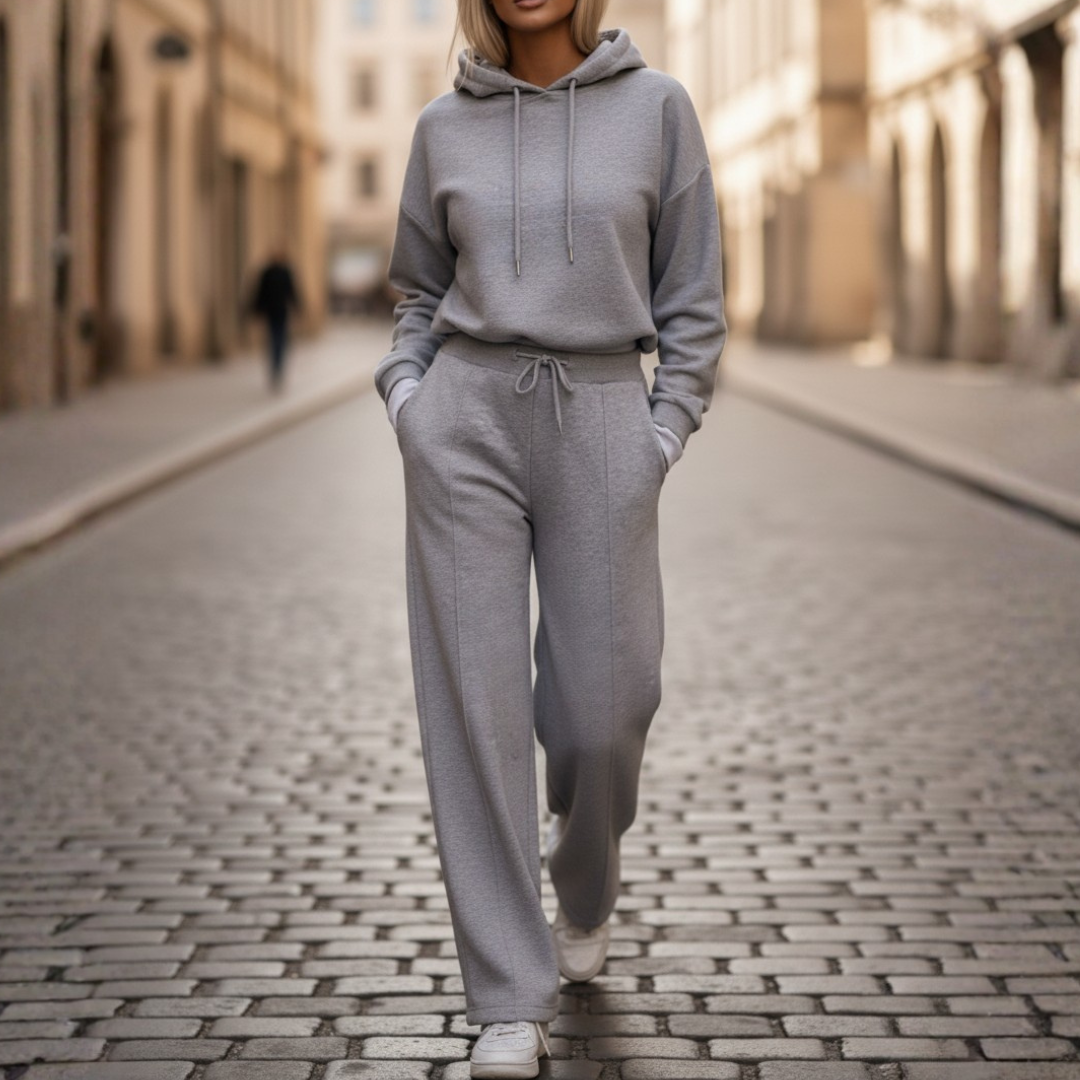 Women's soft two-piece hoodie and wide-leg pants set, relaxed regular fit for everyday comfort