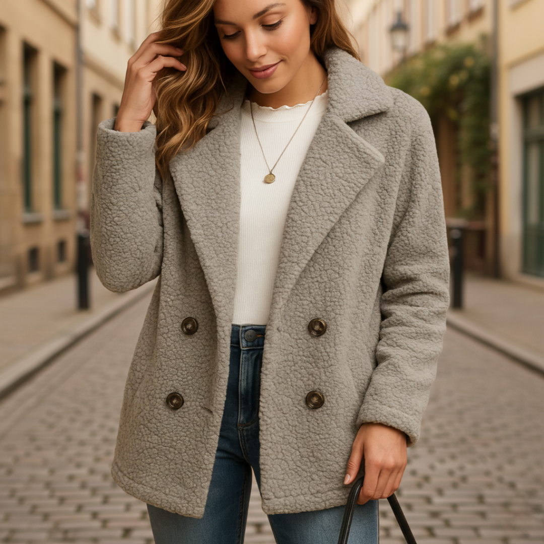 Women's cream beige wool blend teddy jacket short double-breasted coat cozy chic winter layer