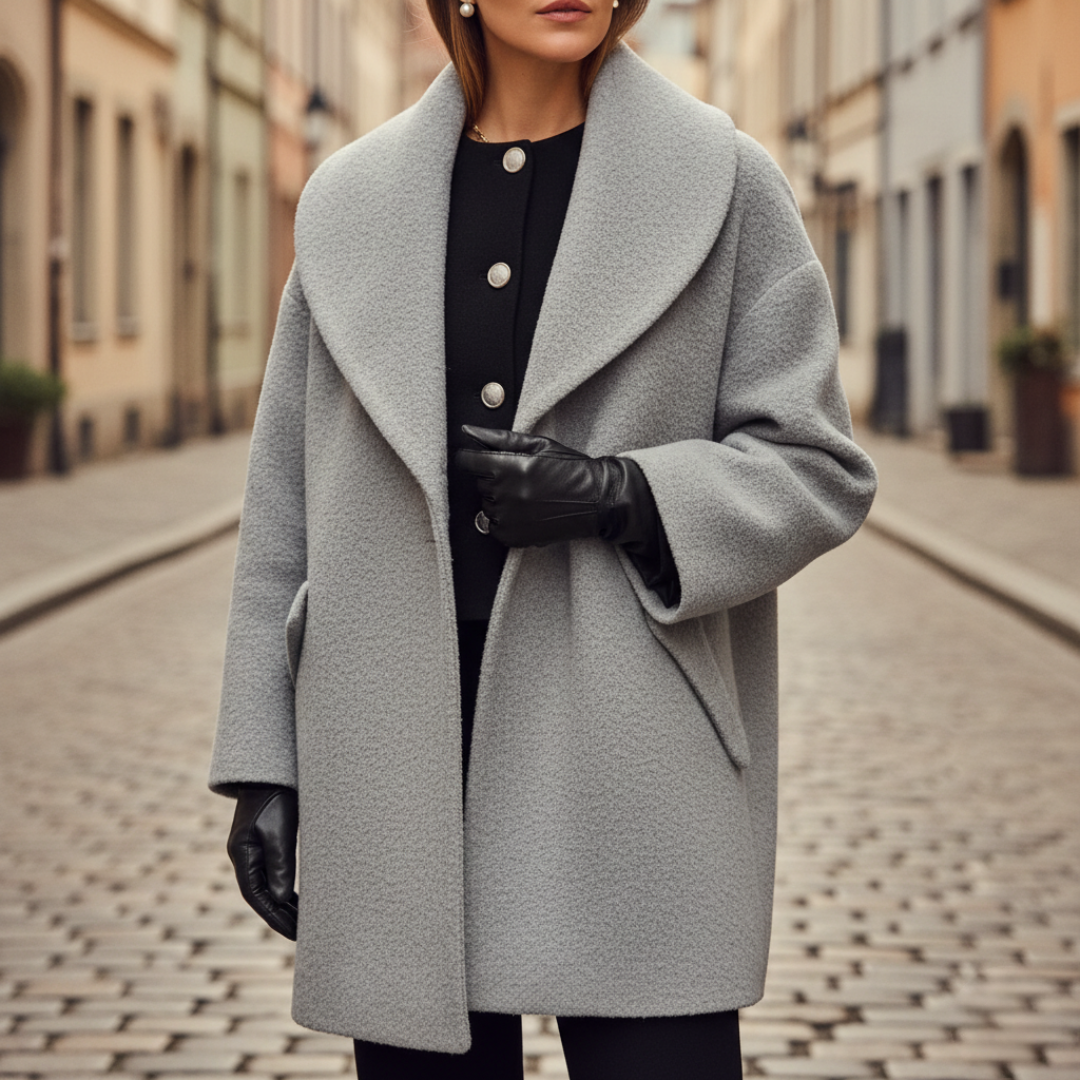 Long women's elegant winter coat, belt-free classic cut with button closure, loose flattering silhouette