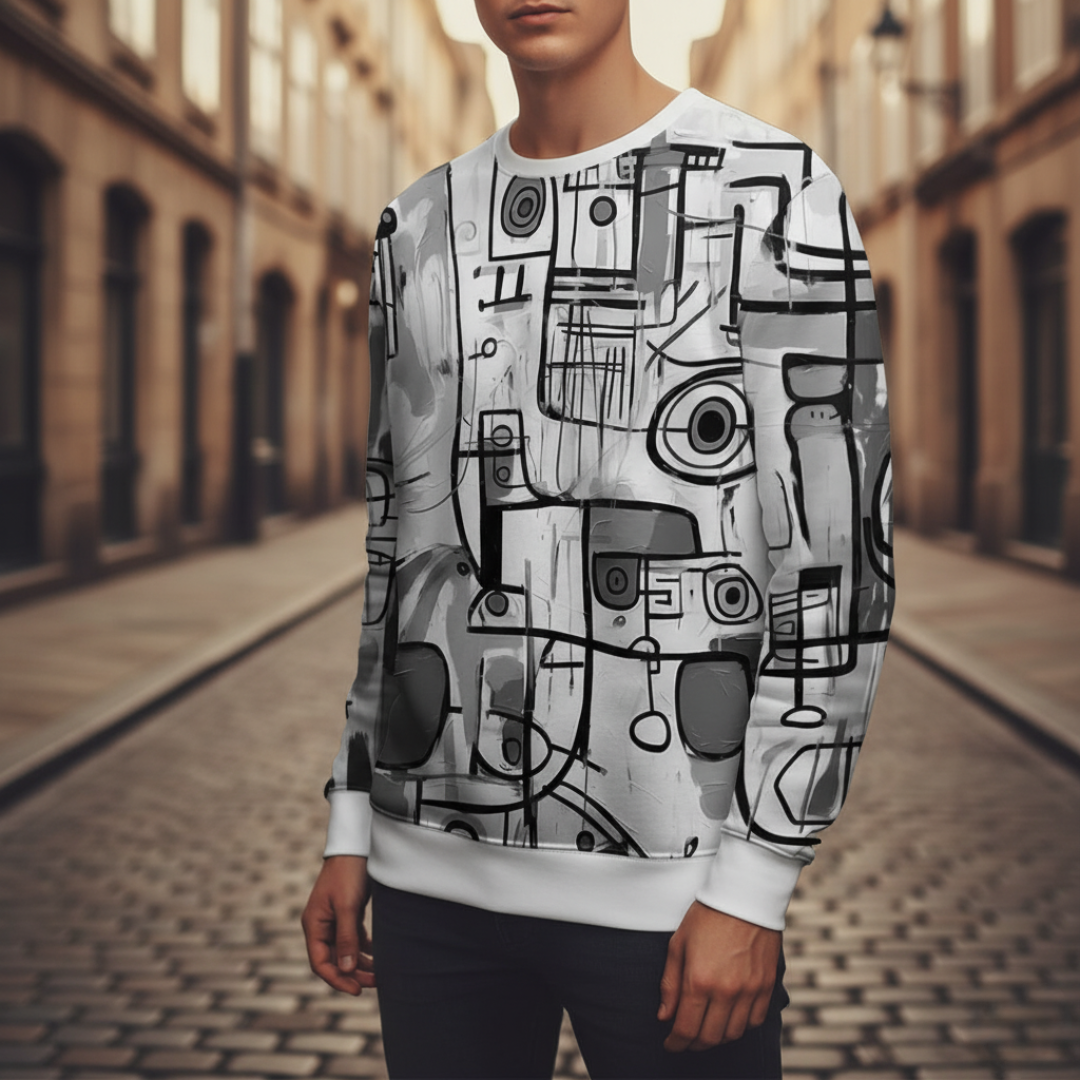 Men's geometric pattern sweater in vibrant multicolor modern fit with bold contemporary design for daily wear