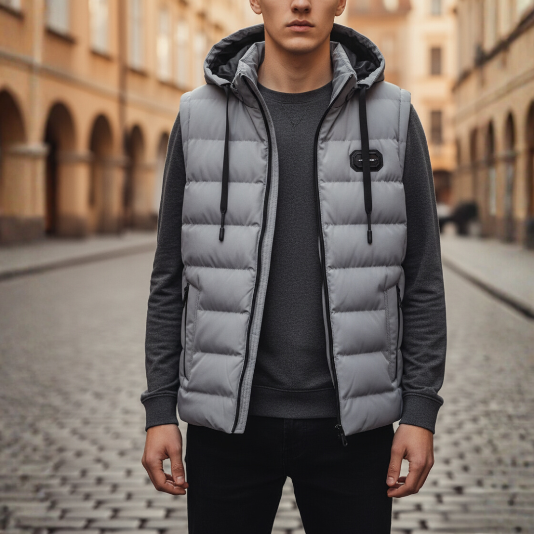 Men's gray hooded down vest lightweight sleeveless thermal outerwear for cold-weather freedom