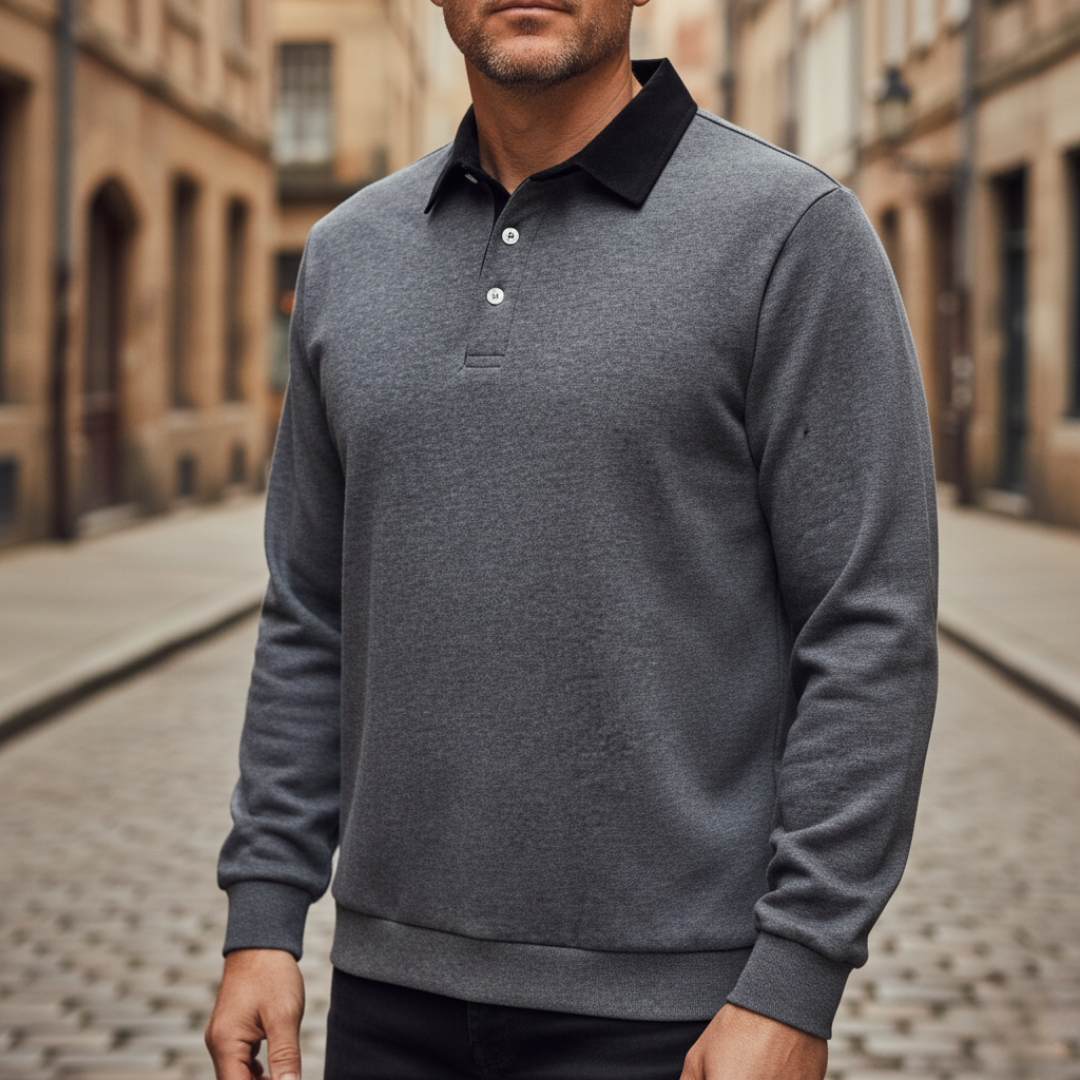 Men's navy blue polo sweatshirt soft fabric casual everyday comfort versatile collar closure