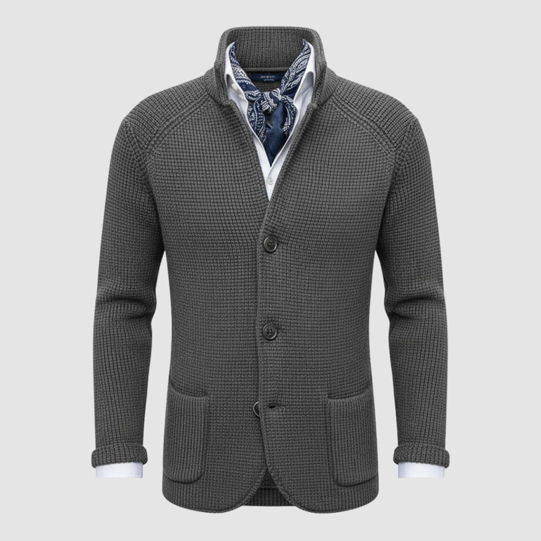 Men's double-breasted mid-length coat in dark tone, high collar with knit insert and inner zipper closure