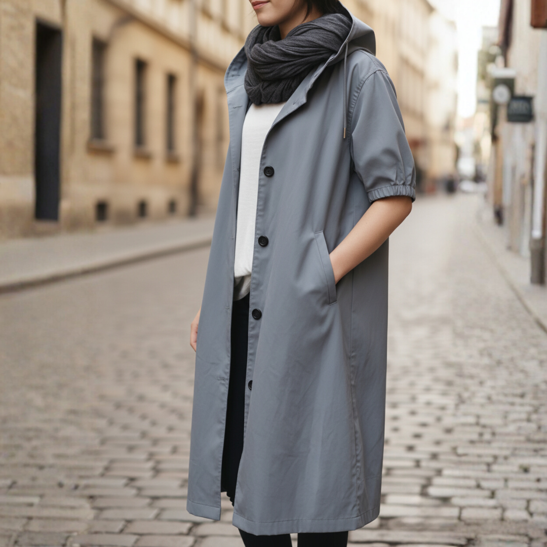 Women's waterproof hooded coat high collar button closure casual all-weather outerwear