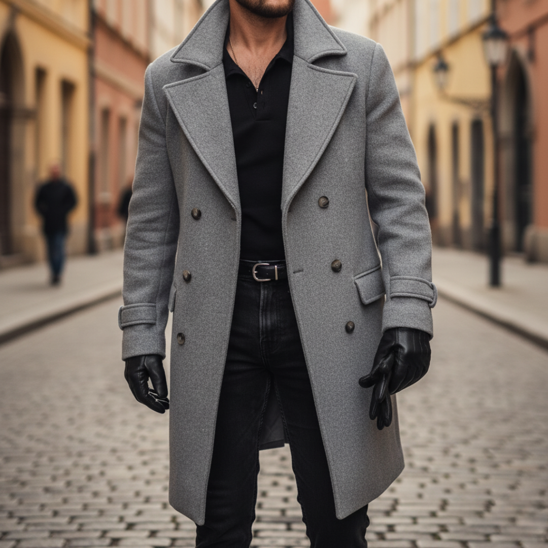 Men's gray wool double-breasted winter coat with thermal insulation for formal and casual wear
