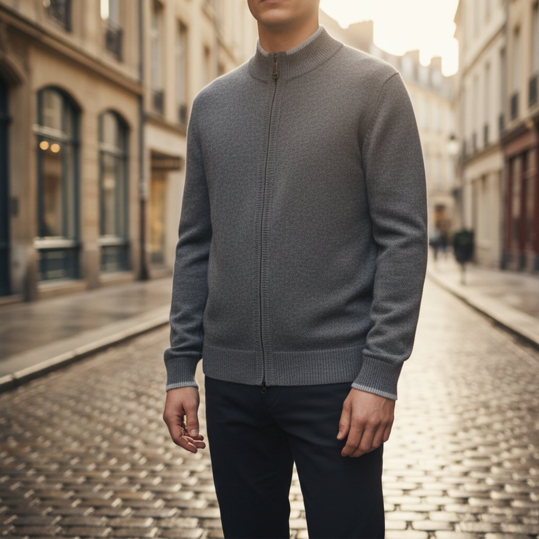 Men's gray zip-up winter sweater with high collar, casual fit, and adjustable central zipper