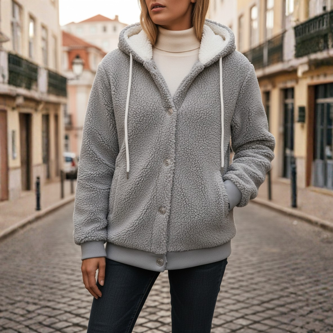 Women's soft hooded zip-up jacket in casual fit with full-length central zipper and side pockets
