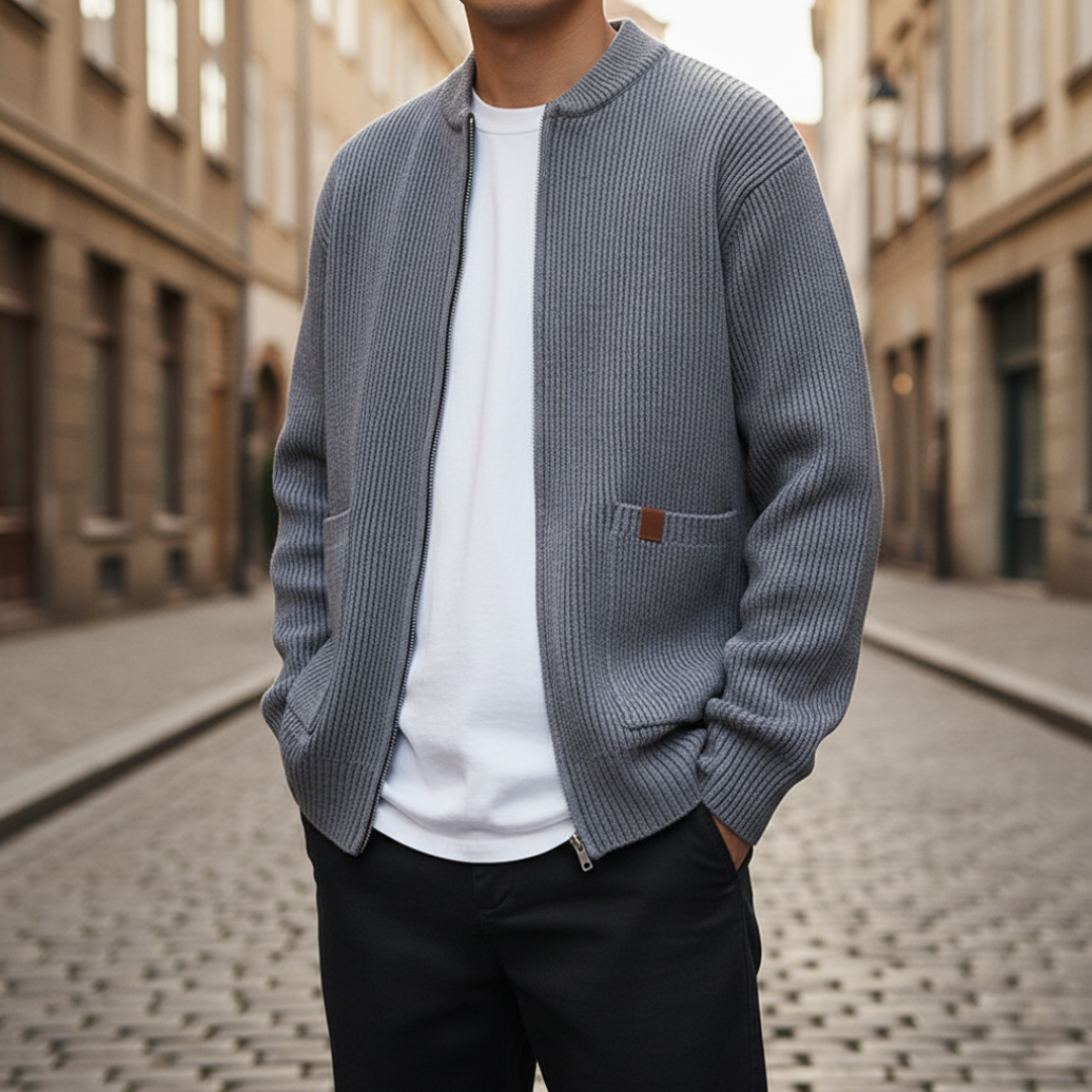 Men's dark high neck zip cardigan ribbed knit turtleneck slim fit polyester cool weather layer