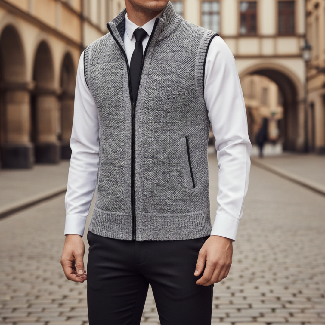 Men's wool sweater vest gray high collar front zip sleeveless layering piece for cool weather