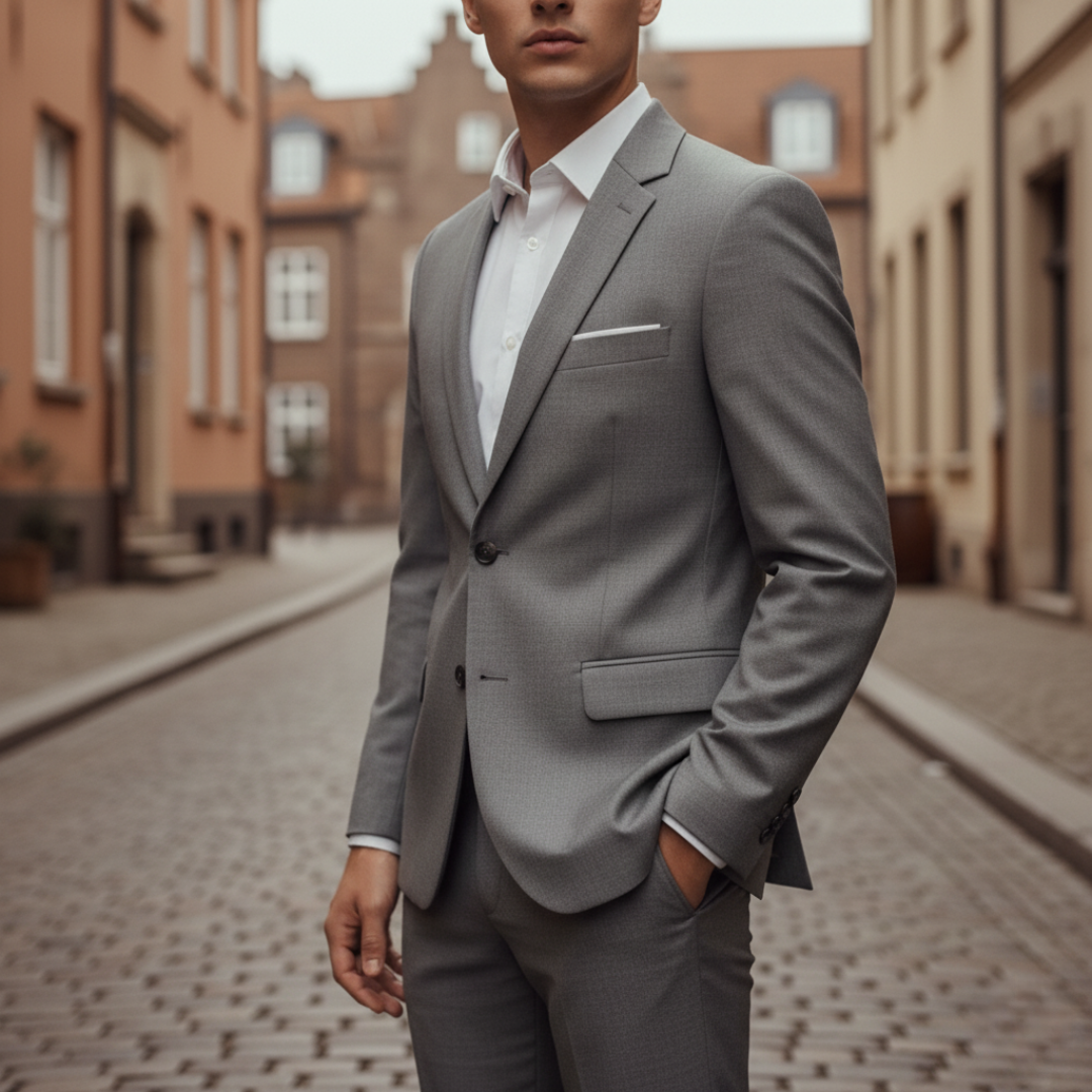 Men's formal suit with chest pocket in versatile colors slim fit design ideal for weddings and meetings