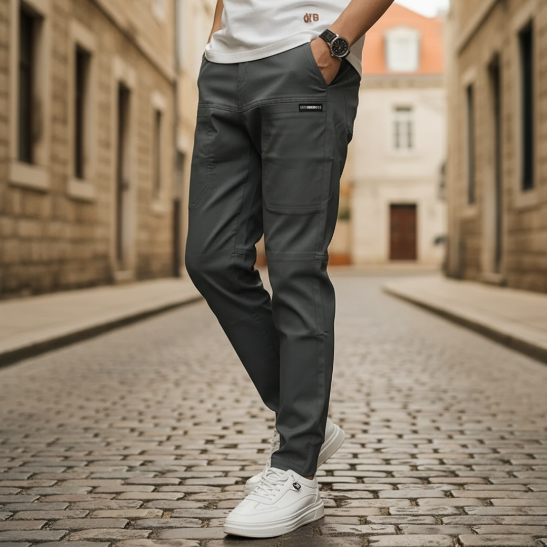 Men's casual gray polyester pants with elastic waist, modern cut for all-day comfort
