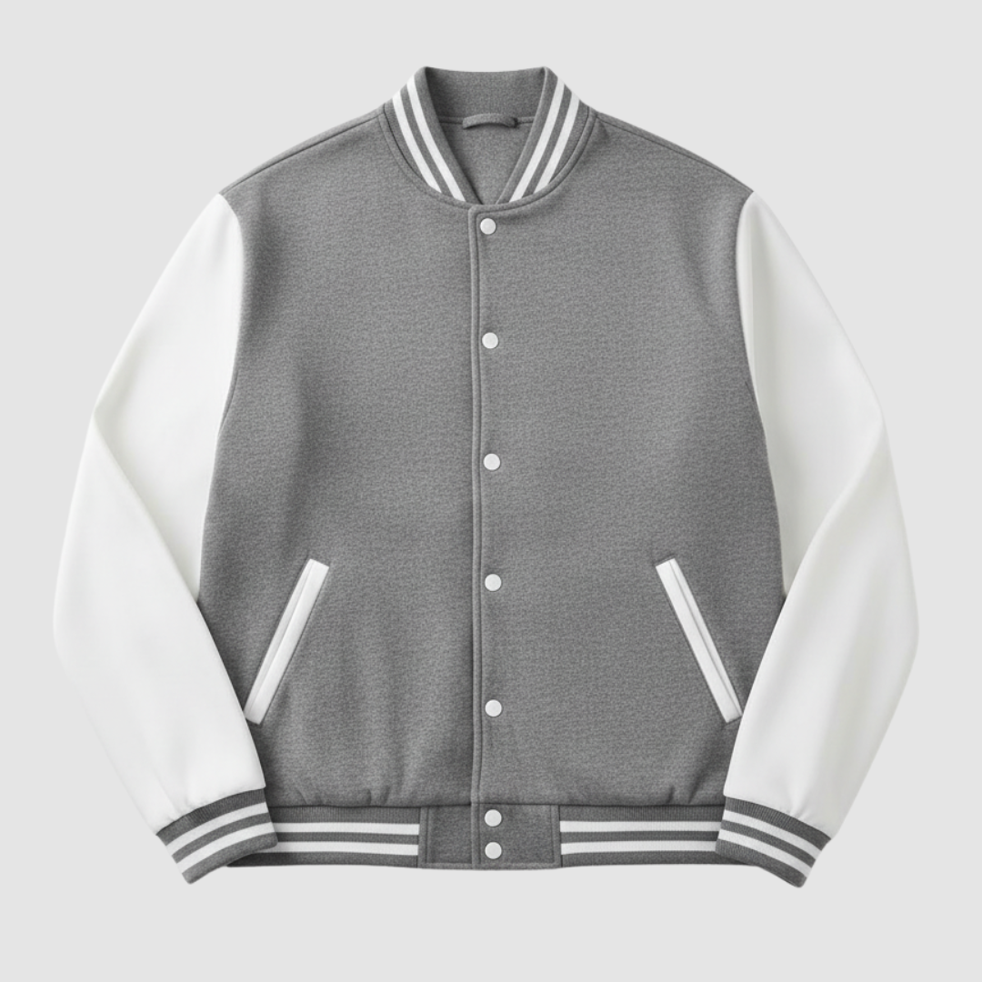 Two-tone varsity jacket unisex snap front white striped sleeves ribbed trim college style