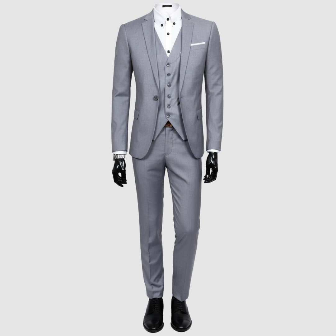 Men's navy blue three-piece suit notch lapel vest tapered trousers modern formal slim fit
