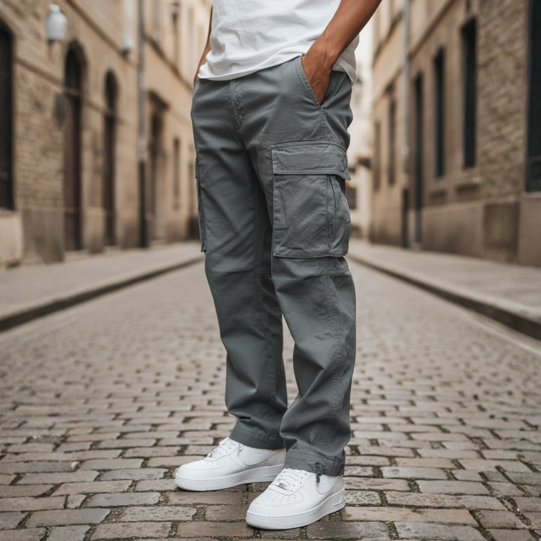 Men's olive green cargo pants lightweight polyester relaxed fit with multiple side pockets outdoor ready