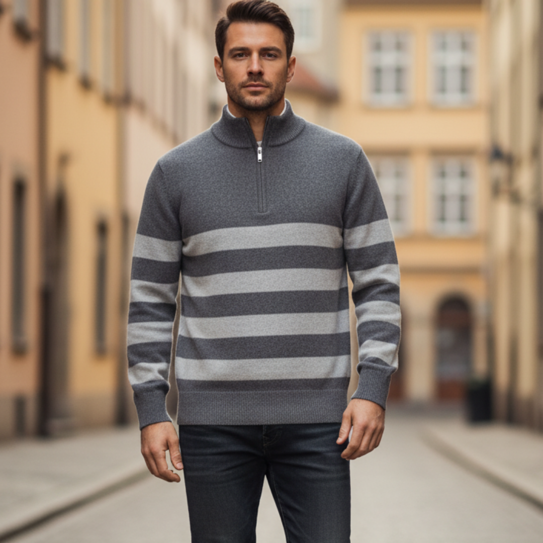 Men's half-zip striped sweater soft knit casual fit with horizontal stripes for everyday layering