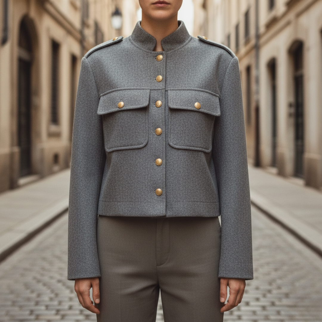 Women's casual chic high collar polyester jacket with golden buttons and front pockets, black brown gray red
