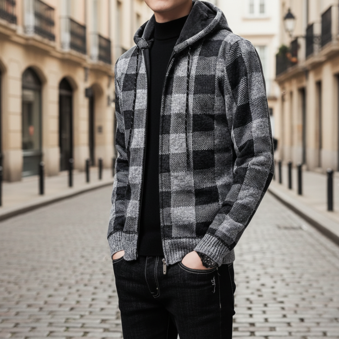 Men's plaid hooded cardigan relaxed-fit adjustable hood cozy winter casual jacket blue brown green gray