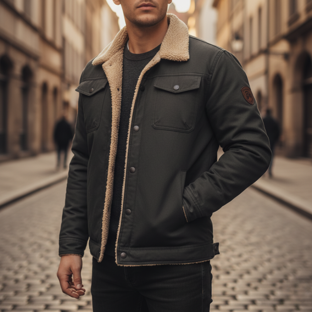 Men's hooded outdoor jacket with adjustable hood, side pockets, durable fabric for cold weather