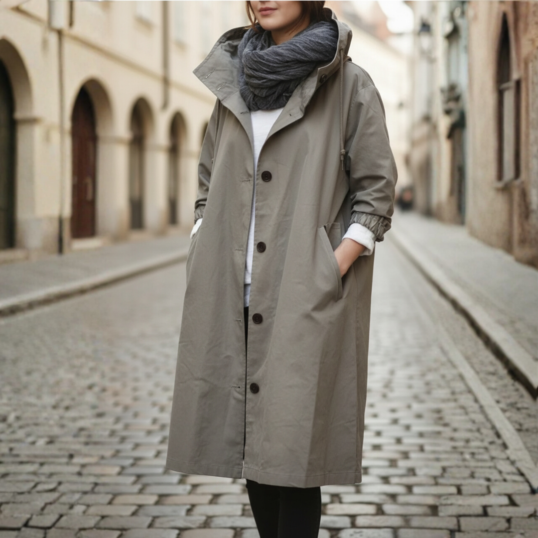Women's waterproof hooded coat high collar button closure casual all-weather outerwear