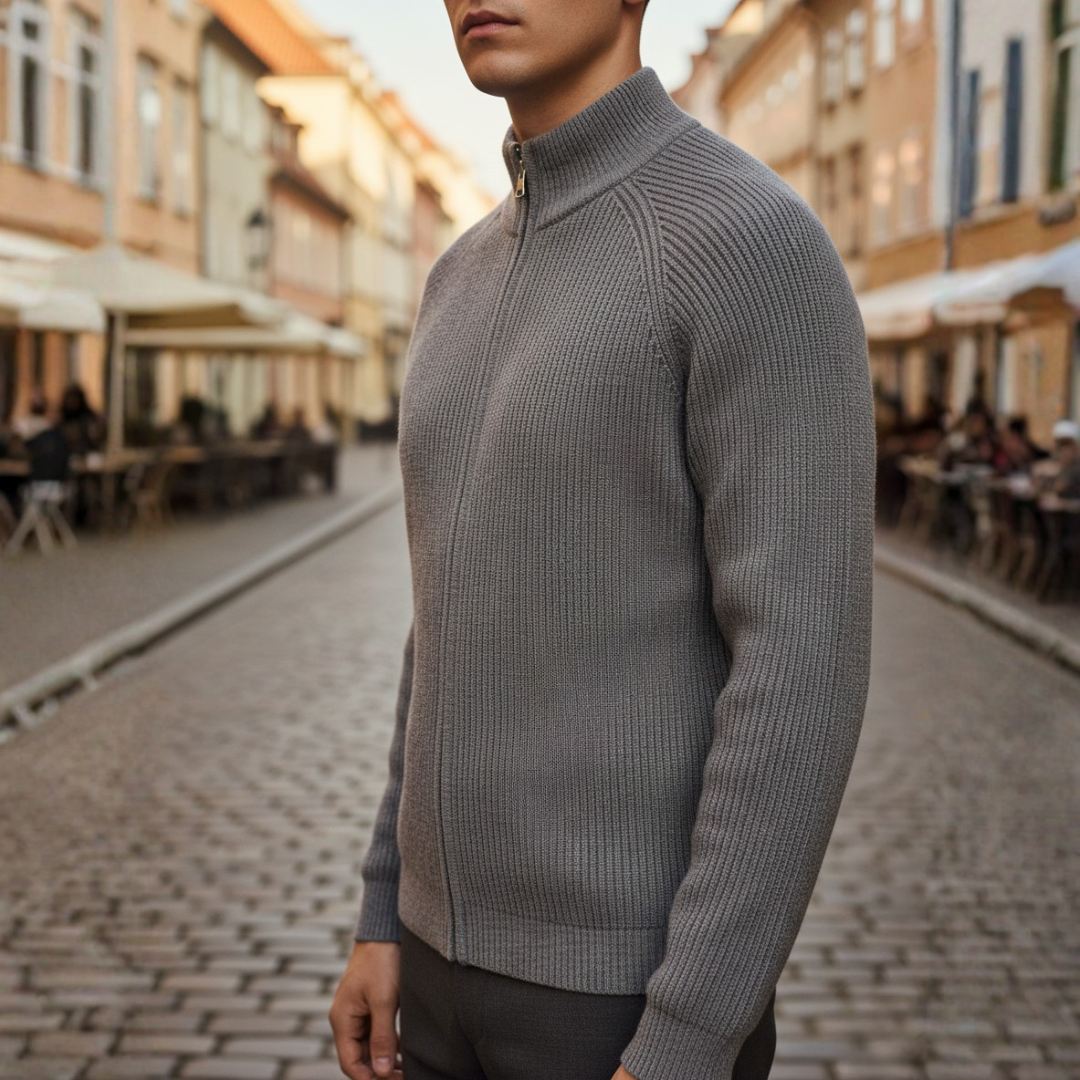 Men's full-zip cardigan in soft yarn with ribbed high collar, warm breathable layering piece