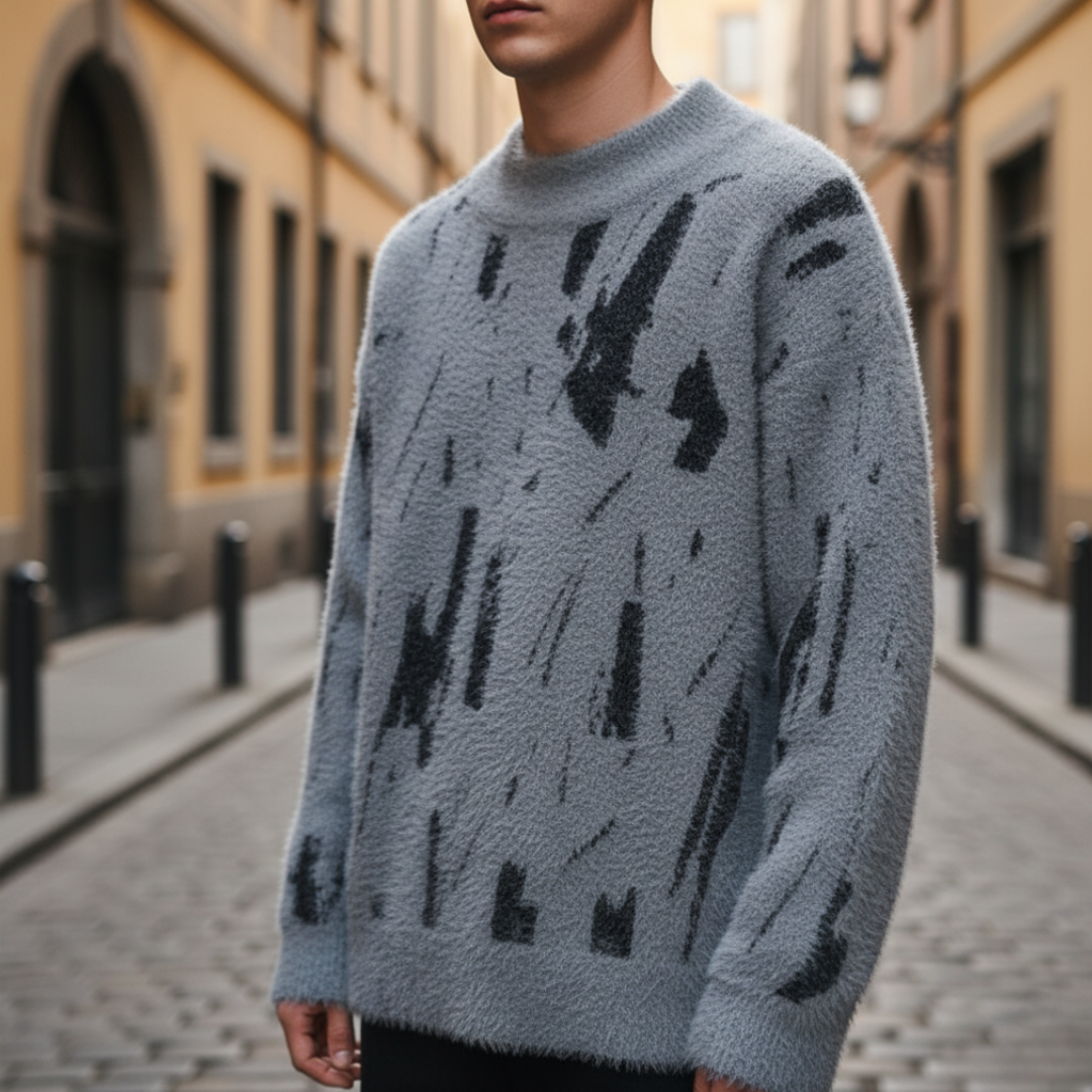 Men's relaxed fit turtleneck sweater with abstract pattern, cozy knit layer for modern casual style
