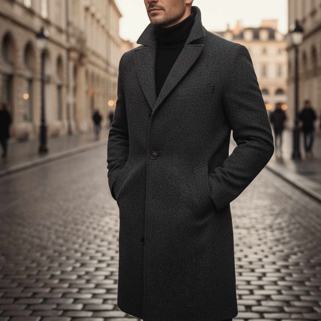 Men's premium wool coat black button closure slim fit with side pockets cold weather professional style