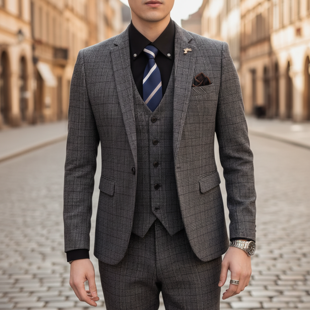 Men's checkered 3-piece suit tailored fit jacket vest trousers professional formal set