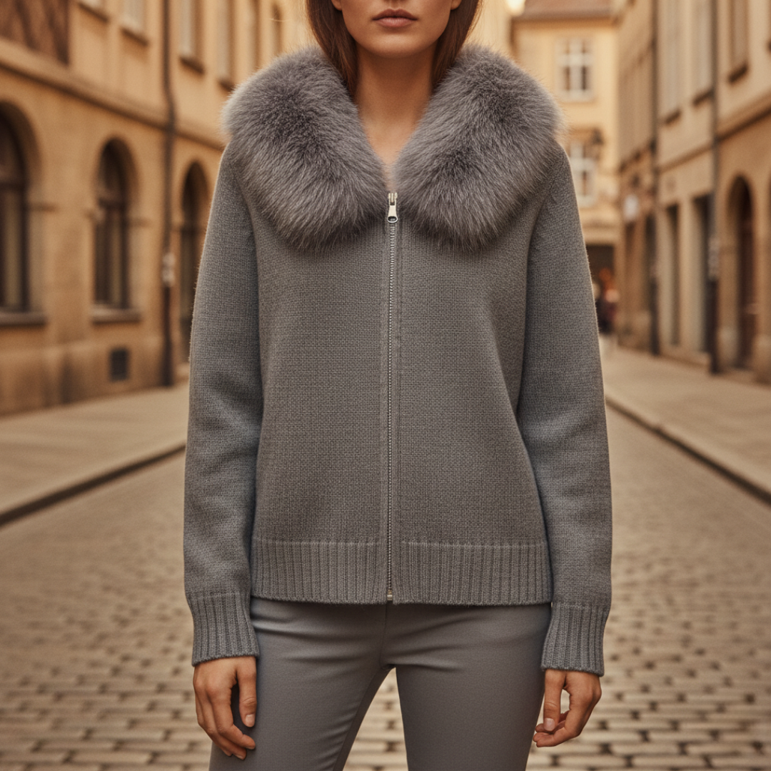 Women's mixed fabric jacket with wide synthetic fur collar, warm everyday style for cold weather
