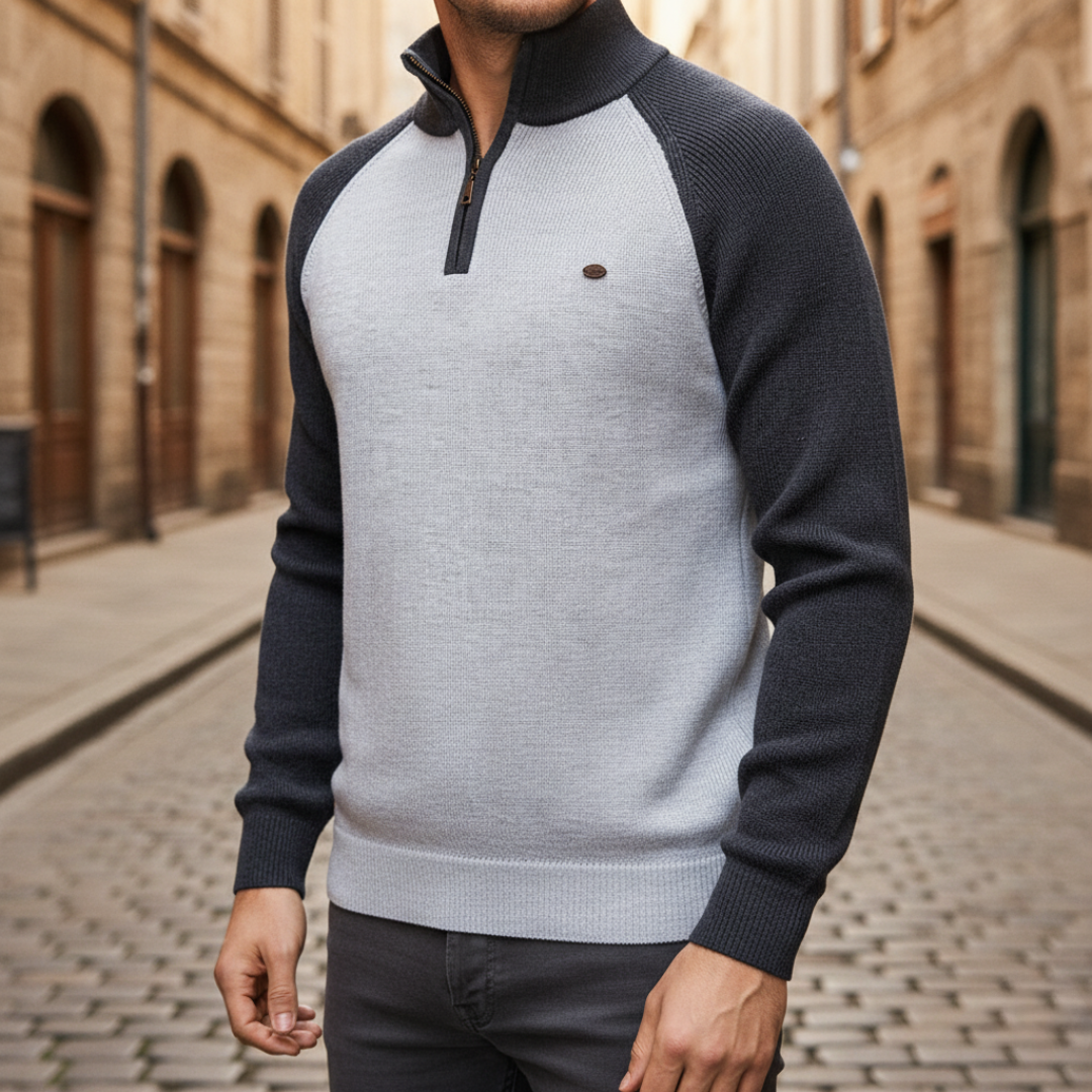 Men's mixed material zip neck sweater in breathable knit blend for casual layering and everyday comfort