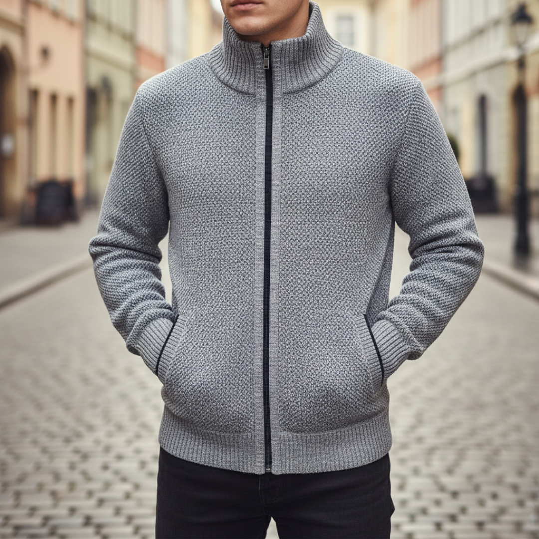 Men's lightweight polyester zip jacket high collar beige casual everyday wear slim fit