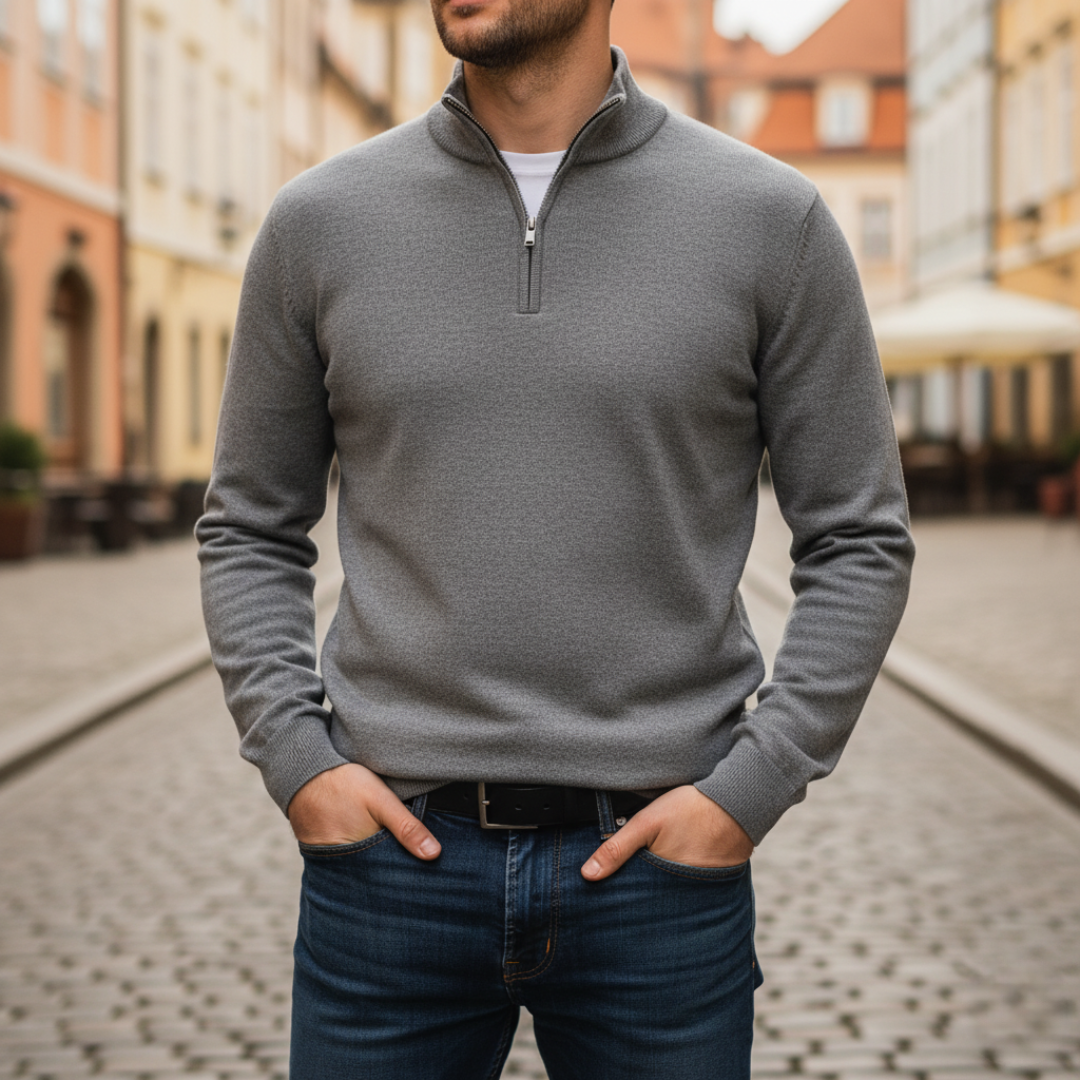 Men's short zip knit sweater regular fit with ribbed cuffs, classic versatile style for autumn winter